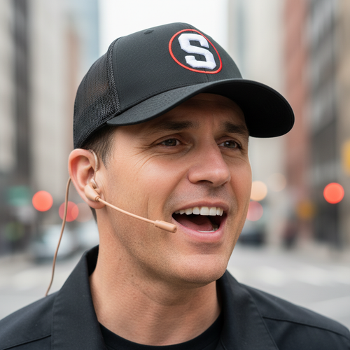 The Founding Patron — Brooklyn Collective naming rights donor singing confidently in a Schlagameista trucker cap