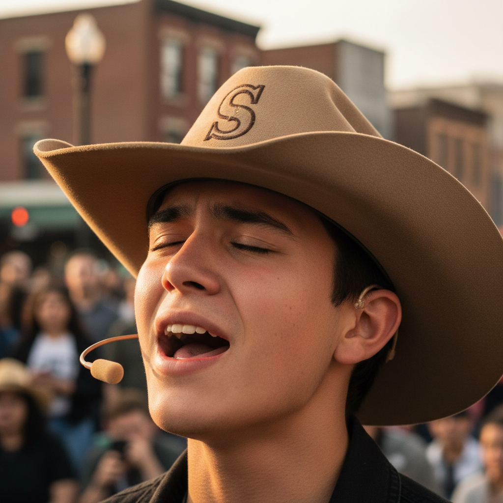 The Hydroponics Grower — Brooklyn Collective member singing passionately in a Schlagameista Stetson